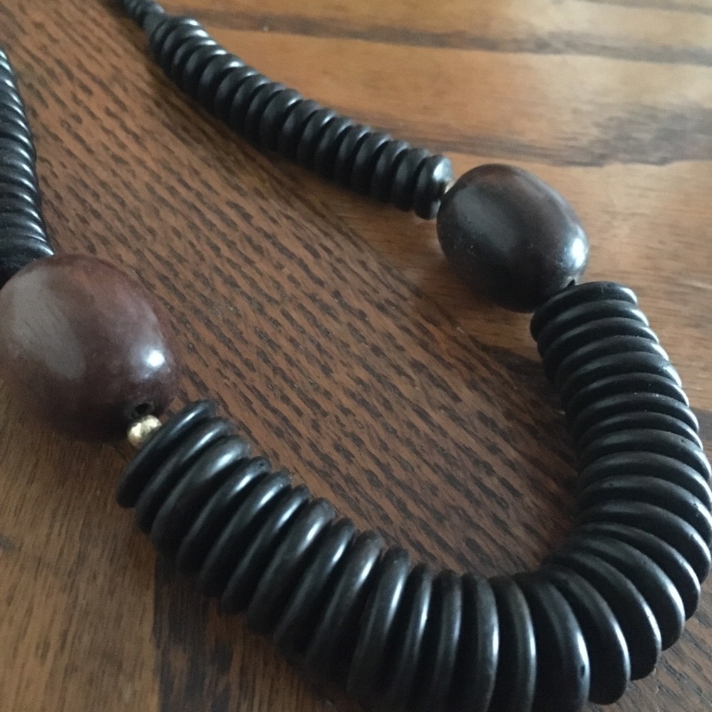 Wooden chunky large boho unique brown and black beaded vintage necklace